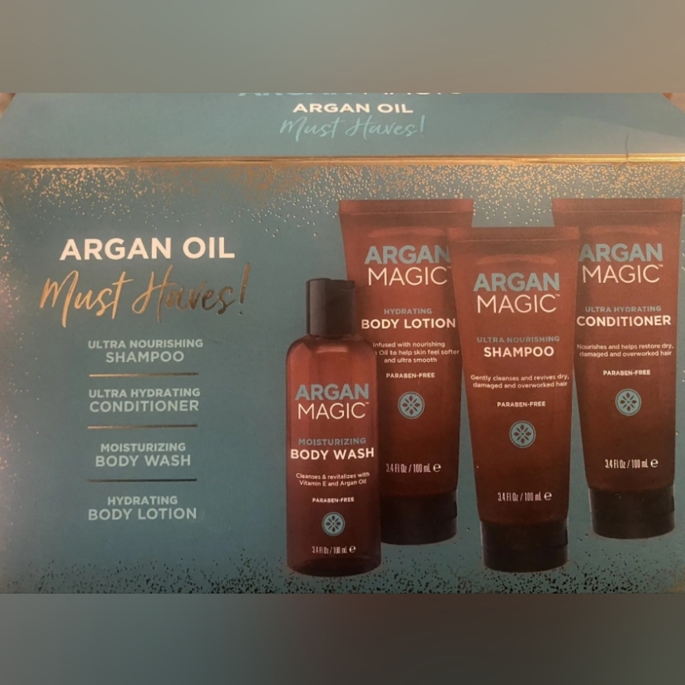 ARGAN MAGIC ARGAN OIL Travel Shampoo, Conditioner, Body Wash & Lotion NIB